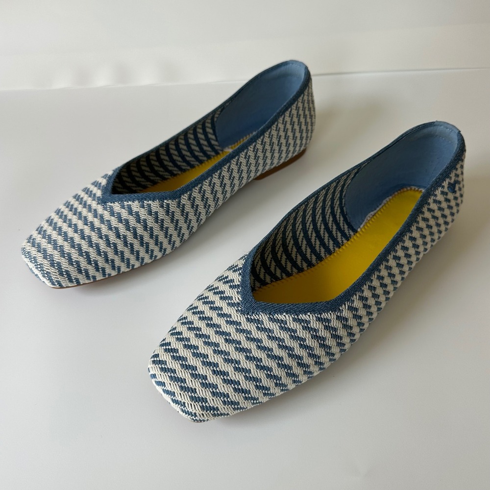 Vivaia Margot Square Toe Flats Blue White Chevron Knit Square Toe Washable 43